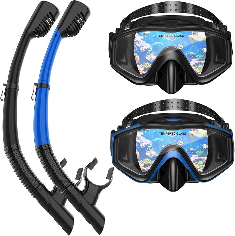 ACQCES Snorkeling Gear for Adults, Dry Top Snorkel Mask Set 2 Pack Scuba Diving Mask Snorkel Gear Anti Fog Snorkeling Packages Tempered Glass Panoramic View Nose Cover - Image 1